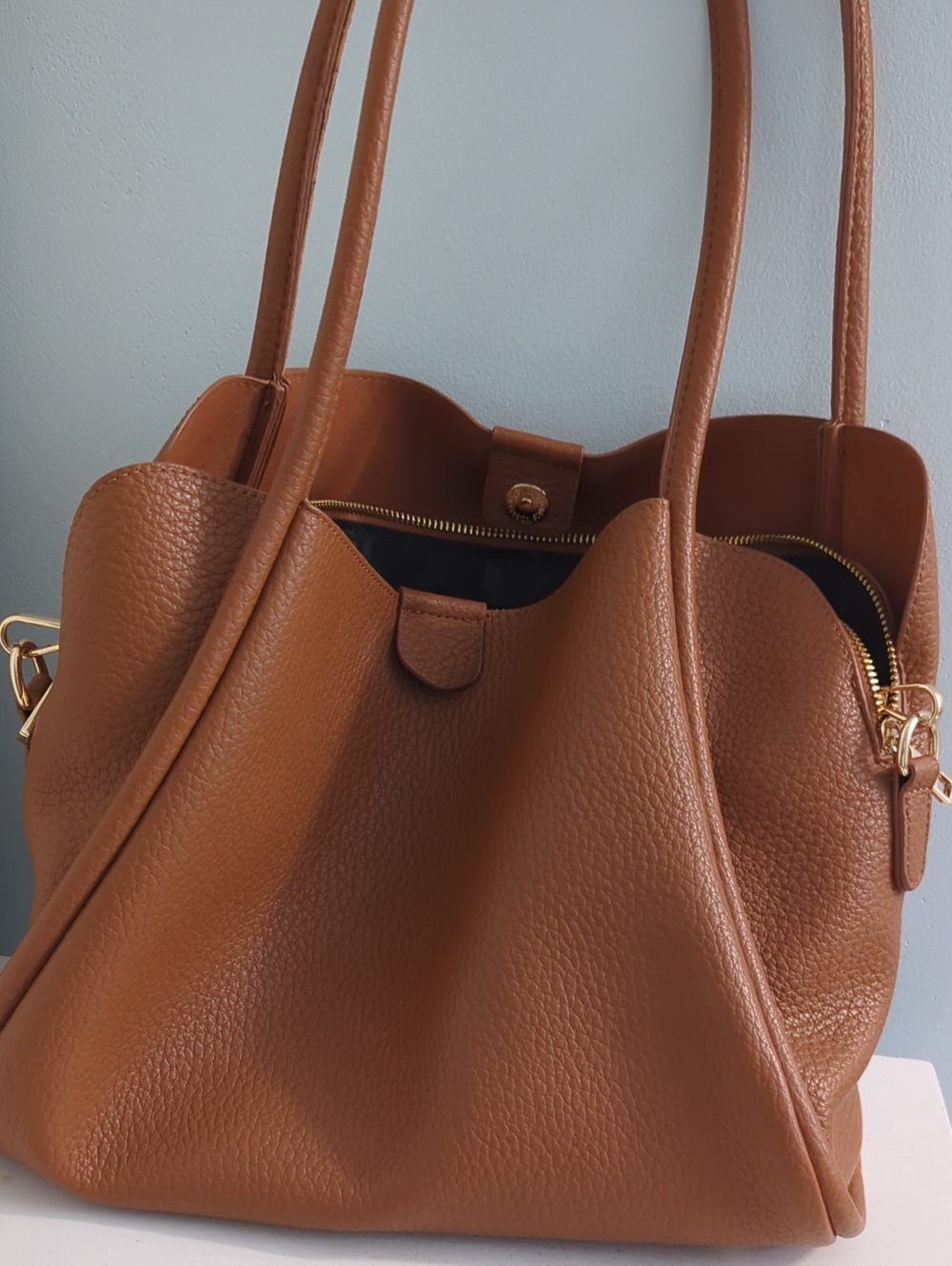 Mellow World Women's Vegan Leather Tote in Warm Tan with Gold Hardware